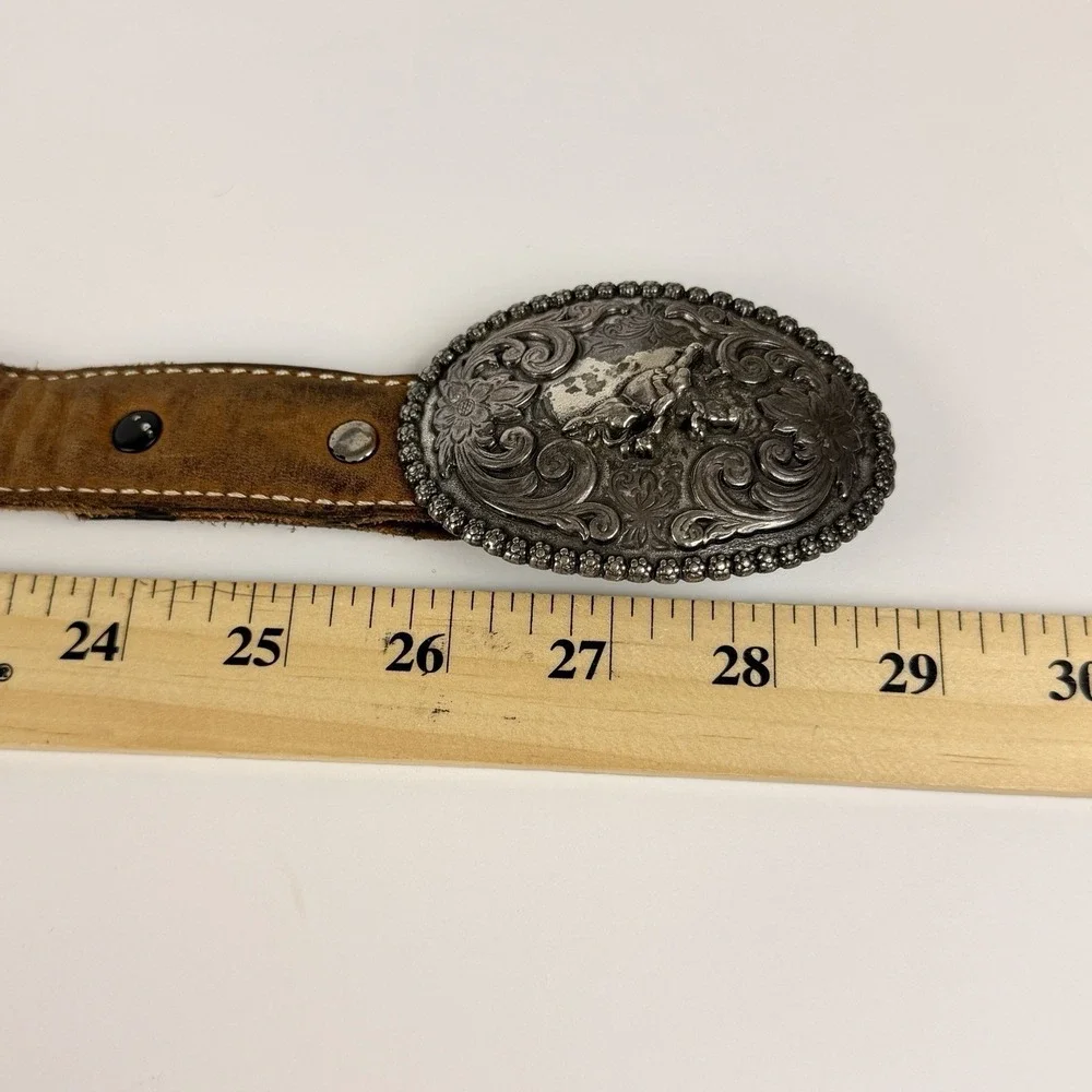 Nocona Kids Western Leather Belt Rodeo Buckle Bull Rider Brown Vintage